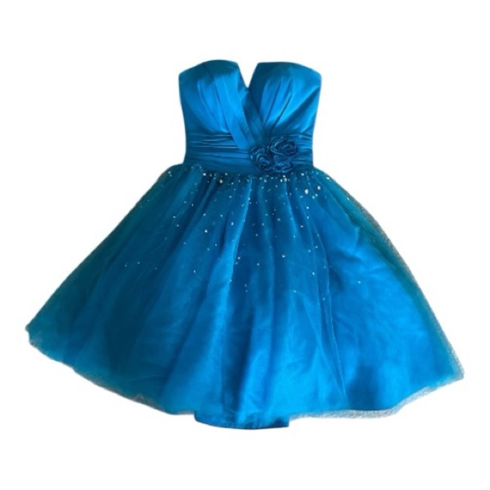 Maggie Sottero Teal Blue Tulle Party Dress with Floral Waist - Picture 3 of 10